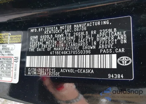 2007 Toyota Camry Se z USA, uszkodzony, nr VIN 4T1BE46K37U550396